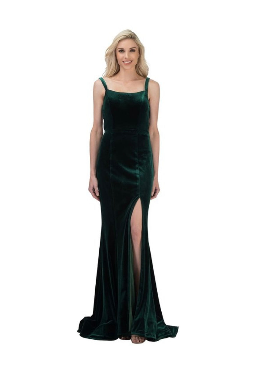 Chicas C7536 Elegant Evening Burgundy Floor-Length High-Slit Strappy Velvet Dress