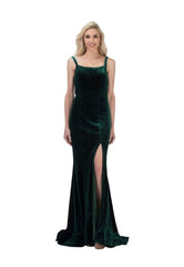 Chicas C7536 Elegant Evening Burgundy Floor-Length High-Slit Strappy Velvet Dress