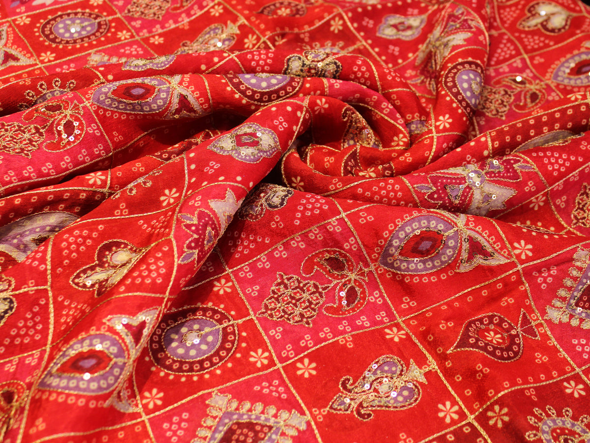 Chinon Bandhini Position Work Fabric | 42 Inch | Poly Viscose | Red