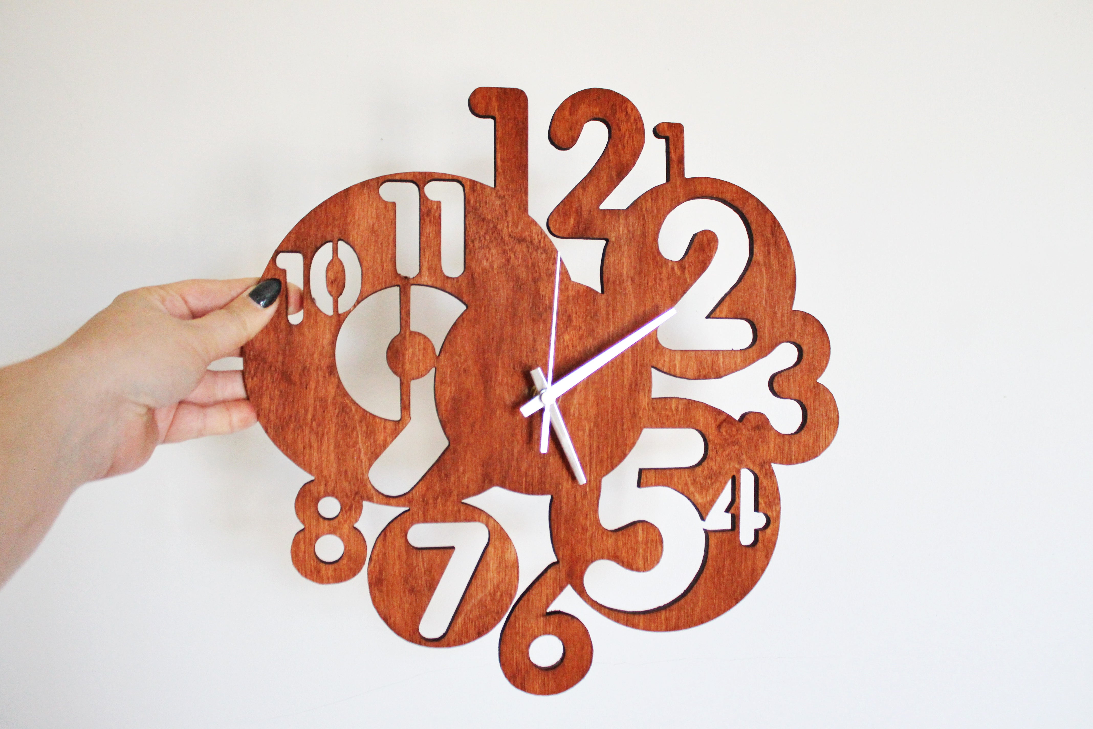 Wooden modern clock - Numbers - red wood color - 320 mm - 12.6 inches - light and ready to ship - handmade clock - Silent clock mechanism