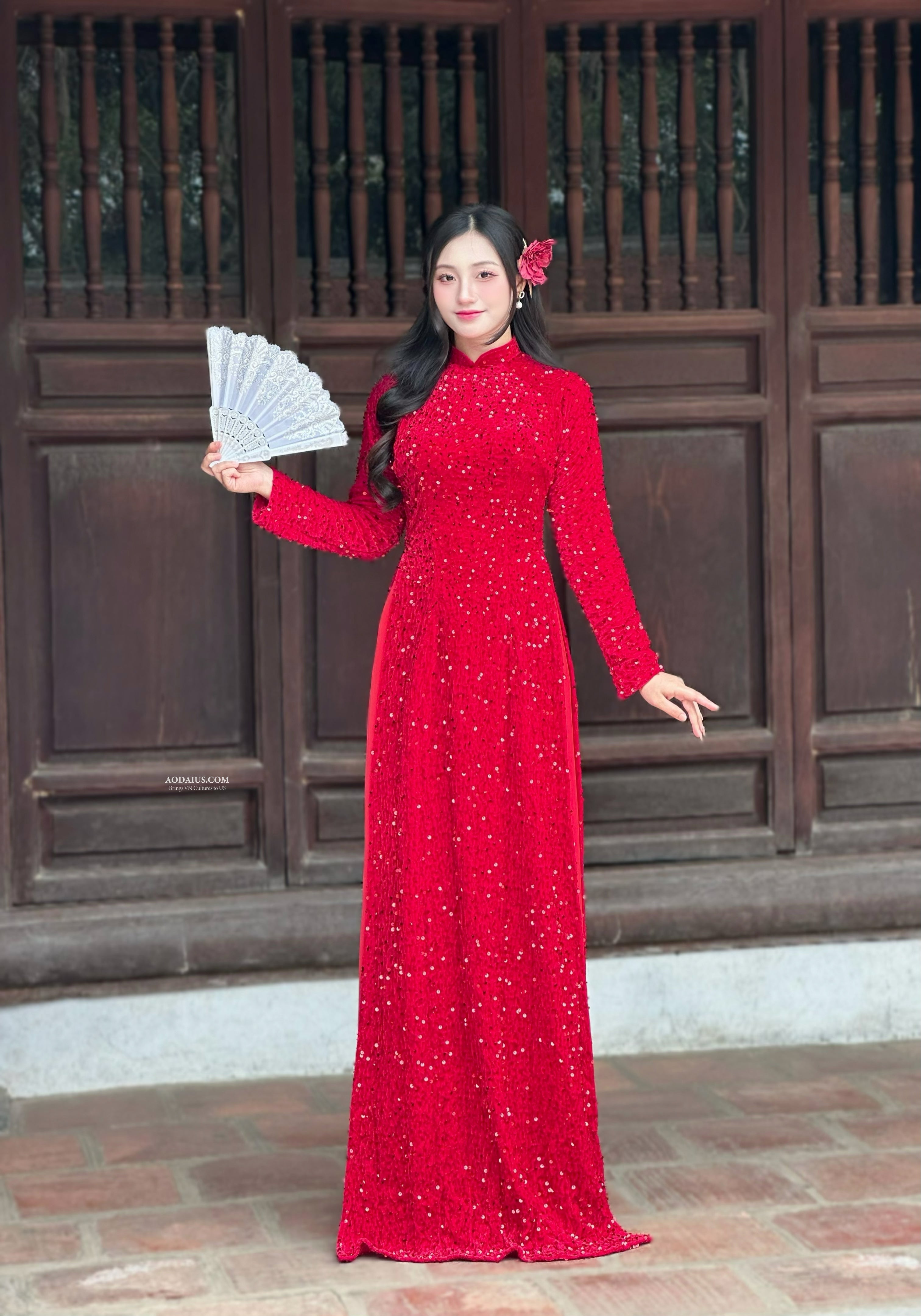 Sparkle Sequin Velvet Ao Dai Top | Red Vietnamese Traditional Dress E1