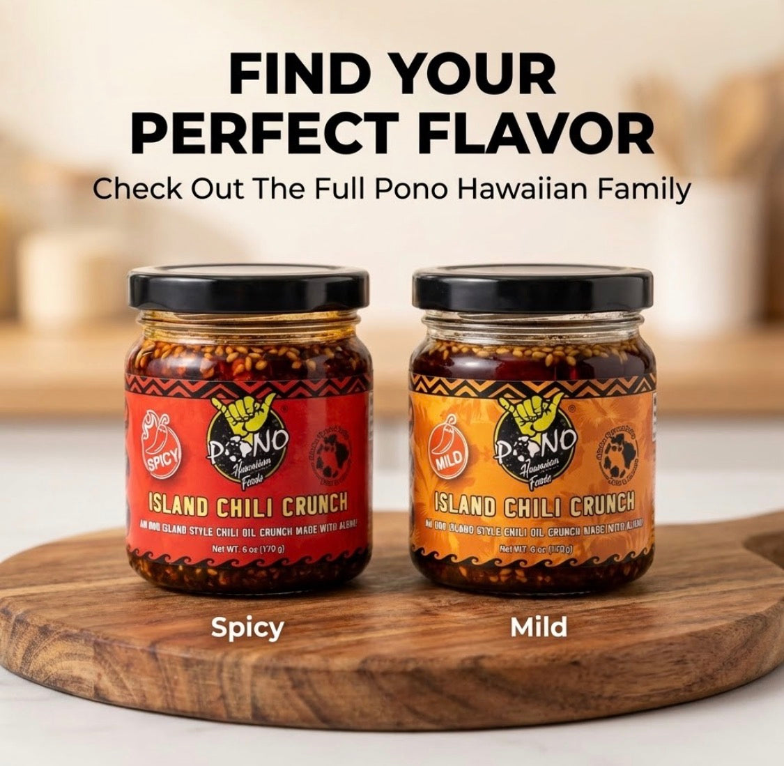 TWO PACK - ISLAND CHILI CRUNCH - Mild / Spicy 6oz Jars - Gluten Free, NON-GMO, Umami - FREE SHIPPING IN THE U.S.A