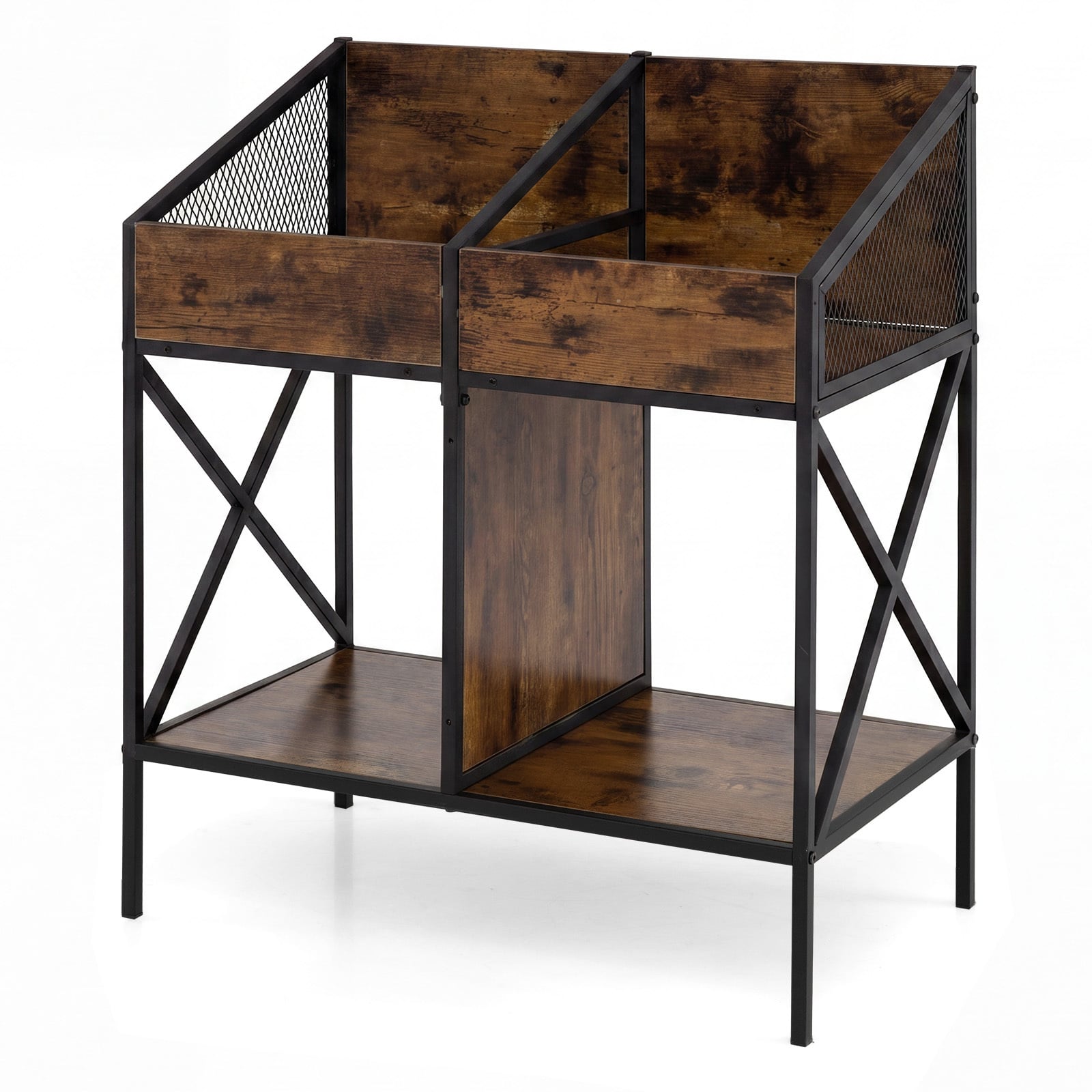 Industrial Magazine Books Record Holder with Metal Frame and Anti-tip Kits Holds up to 250 Albums-Rustic Brown