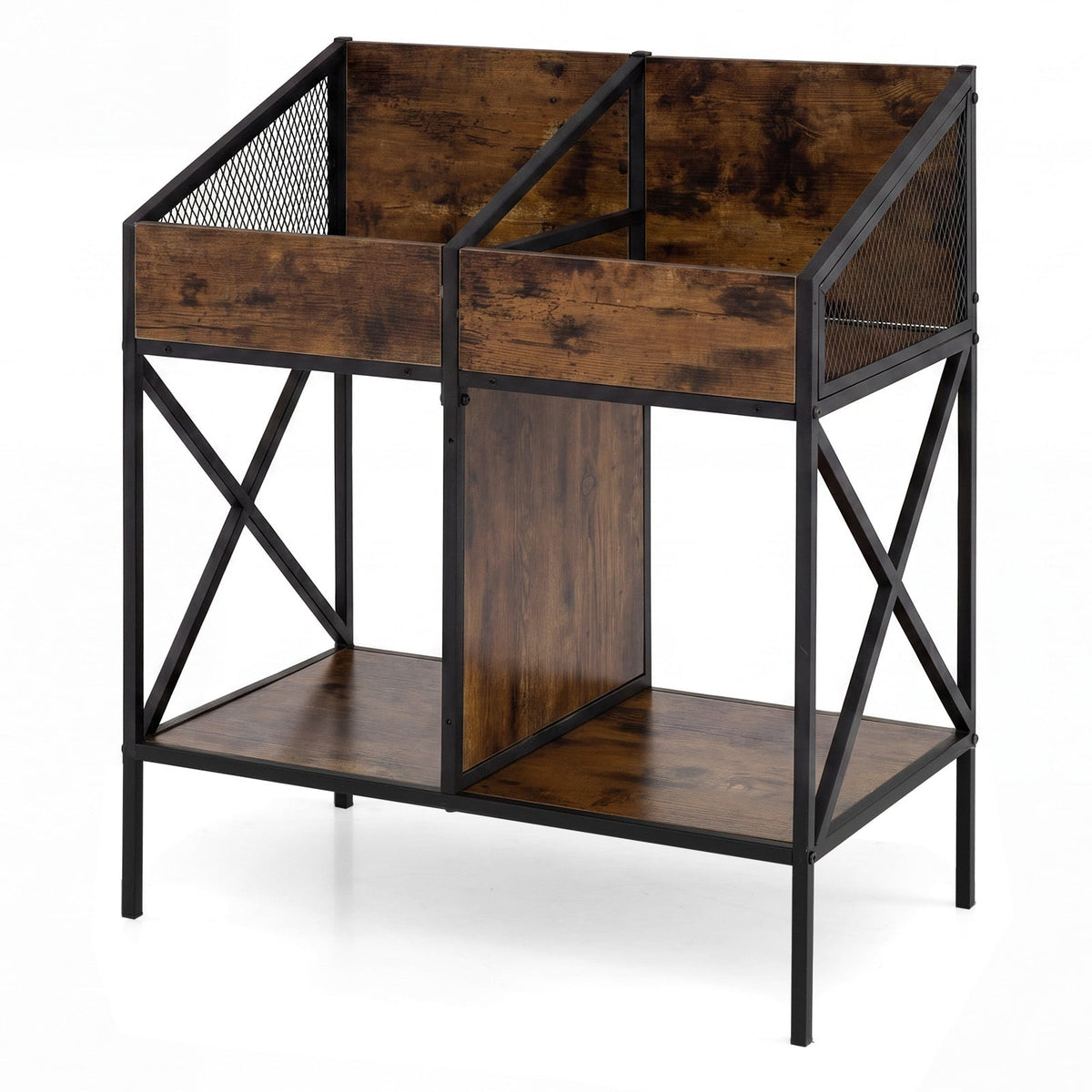 Industrial Magazine Books Record Holder with Metal Frame and Anti-tip Kits Holds up to 250 Albums-Rustic Brown