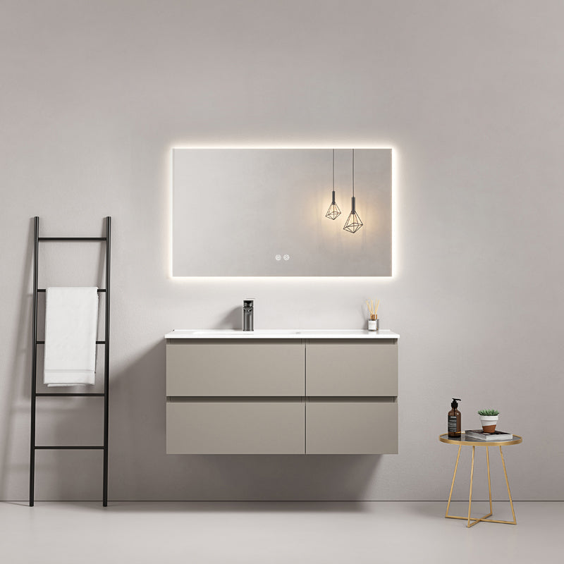 Mobile bagno sospeso 100 cm Grigio Cenere Lavabo a Sinistra in Ceramica Specchio Quadro Retroilluminato - Fiji Paint