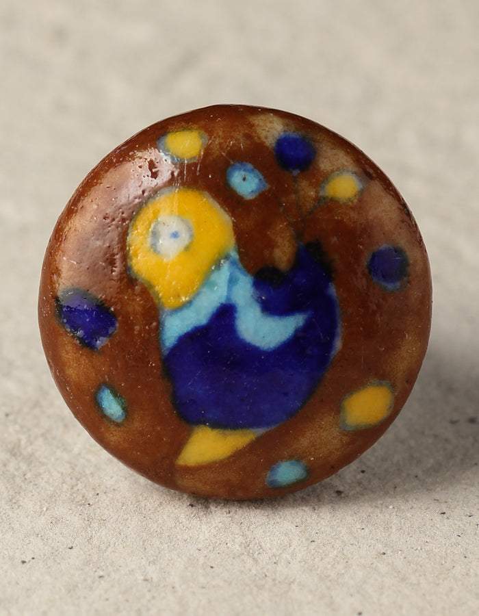 Yellow,Turquoise and Blue Bird with Brown Base knob