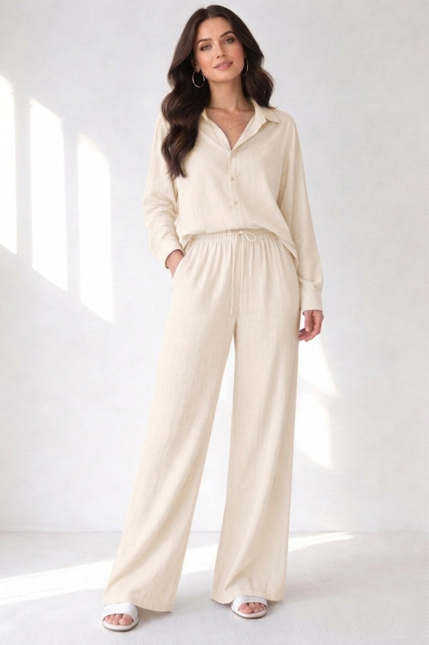 Beige Long Sleeve Button-Up Co-ord Set