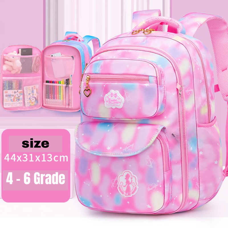 Pink tie-dye school backpack for grades 4-6, 44x31x13cm, with heart zipper pulls and star print