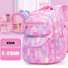 Pink tie-dye school backpack for grades 4-6, 44x31x13cm, with heart zipper pulls and star print