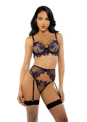 Dark Romance Embroidered Lily Lace 3-Piece Set In Black & Purple - Roma Costume - BraTopia