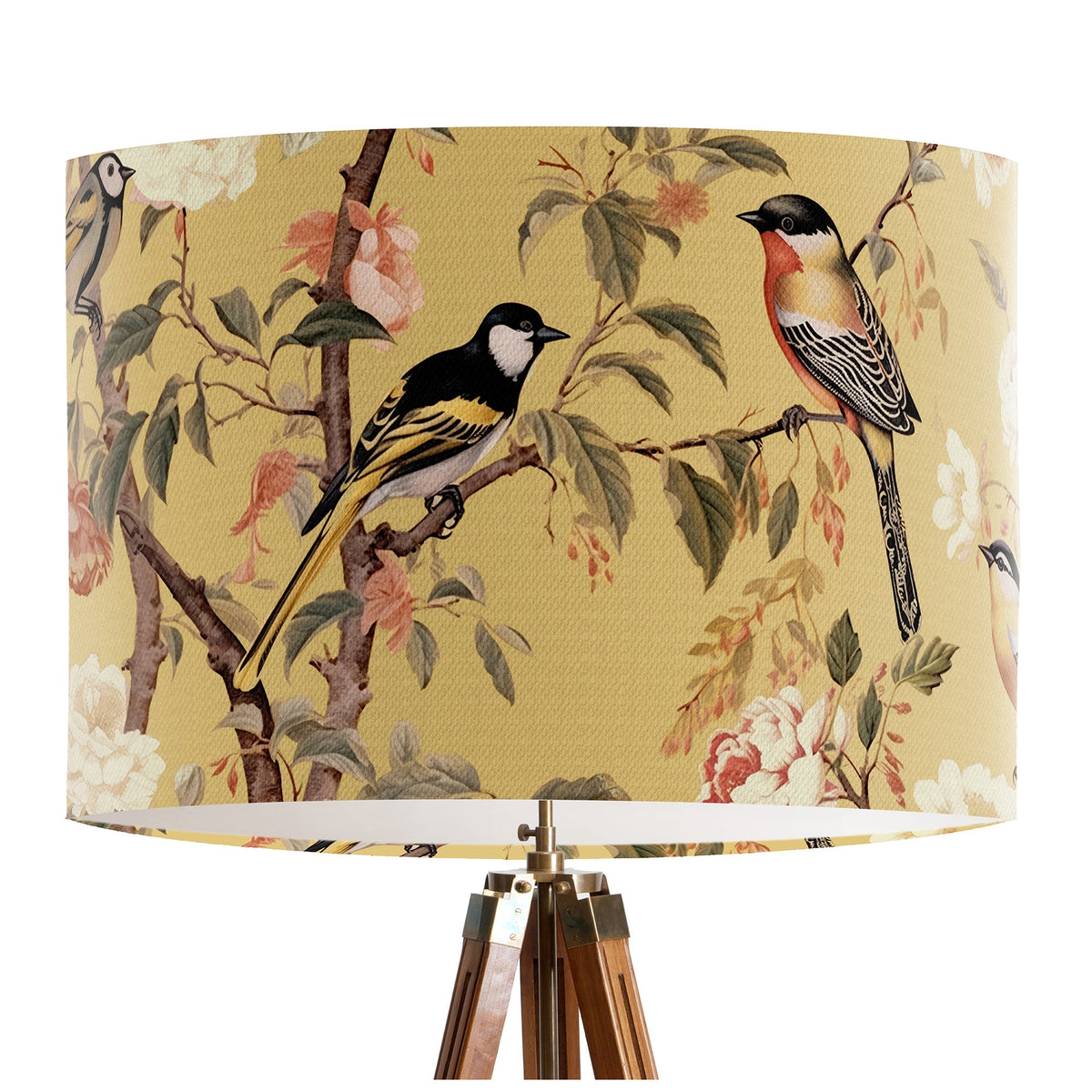 Pink and peach flowers and country garden birds on branches on a soft warm yellow background on a classic sized 30x21cm handcrafted fabric lampshade by artist Kelly Stevens-McLaughlan