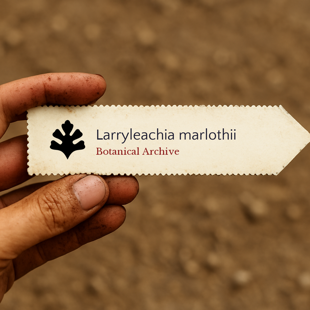 Printed plant label for Larryleachia marlothii held over soil background