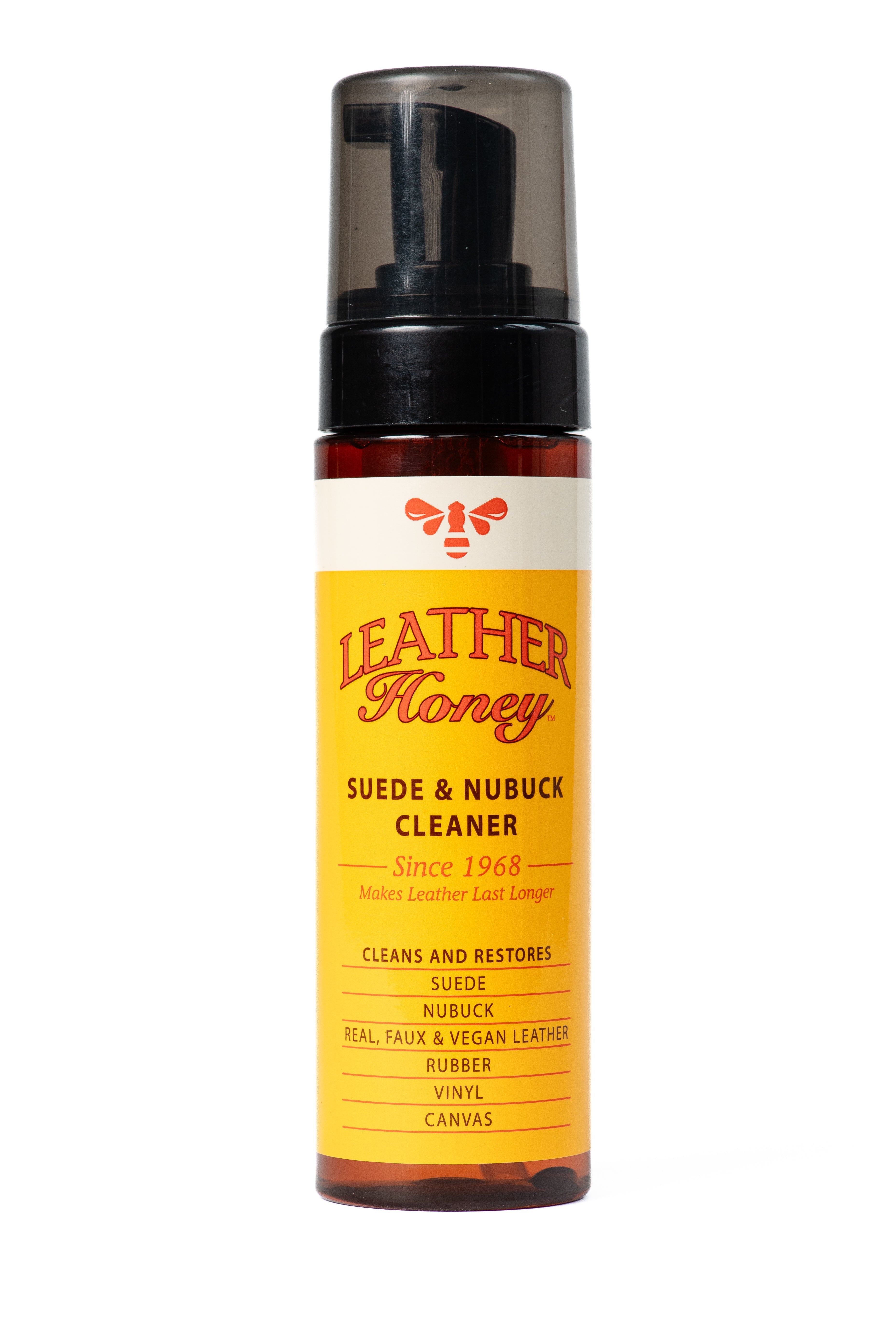 Leather Honey suede and nubuck cleaner bottle for leather care, featuring a clear liquid in a spray bottle with a white cap.