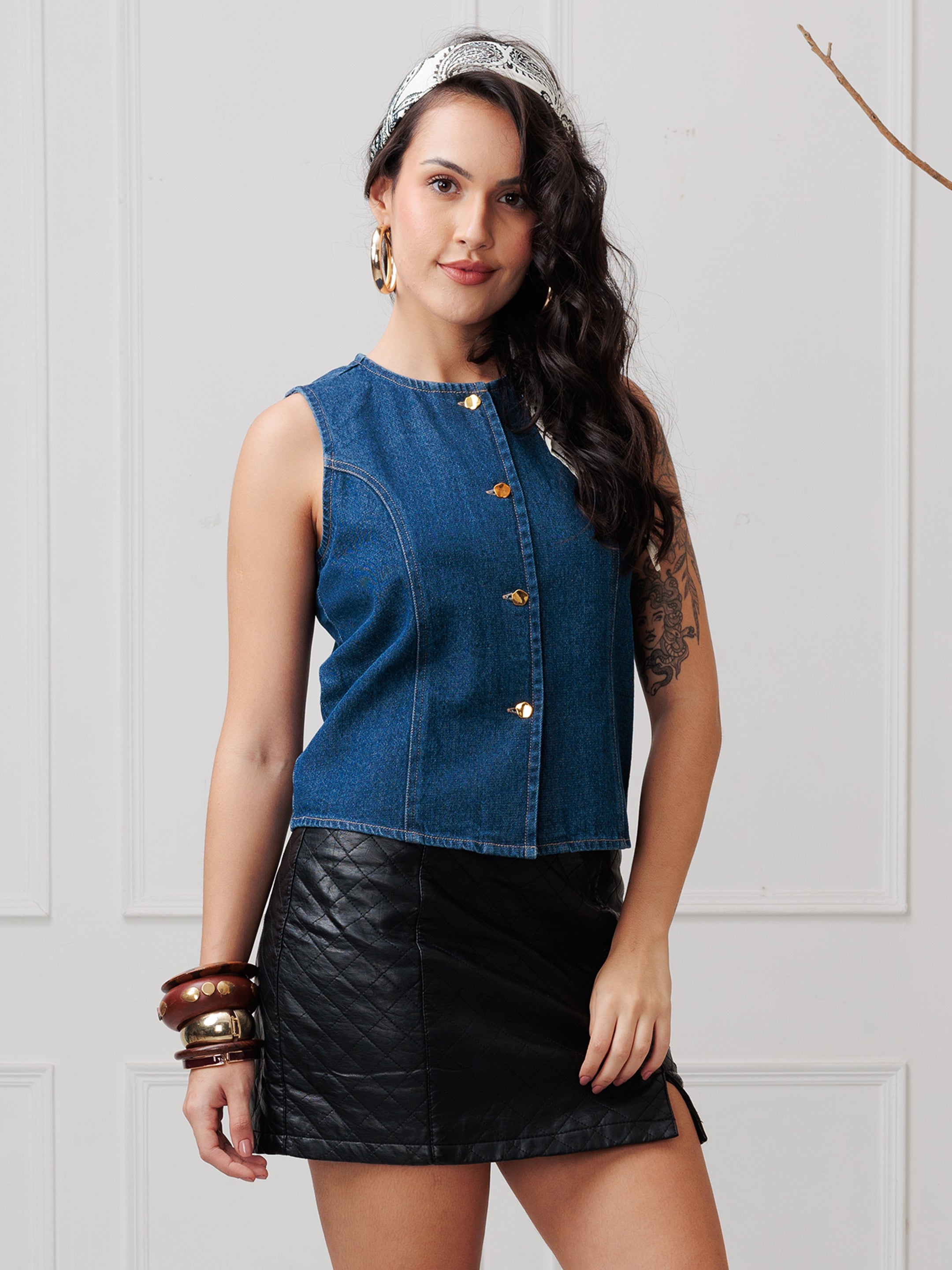 DENIM SLEEVELESS SHIRT TOP