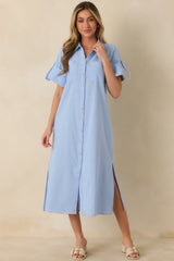 Light blue midi shirt dress with collared neckline and gold-tone button-front closure.