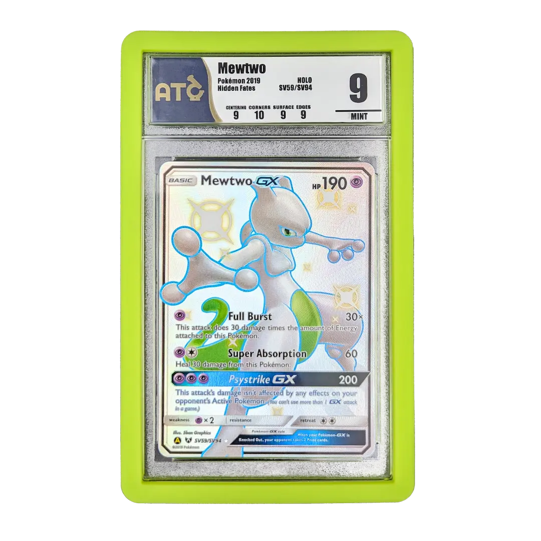 PSA Slab Bumper - Light green protecting a Mewtwo Pokémon card with graded display card holder.