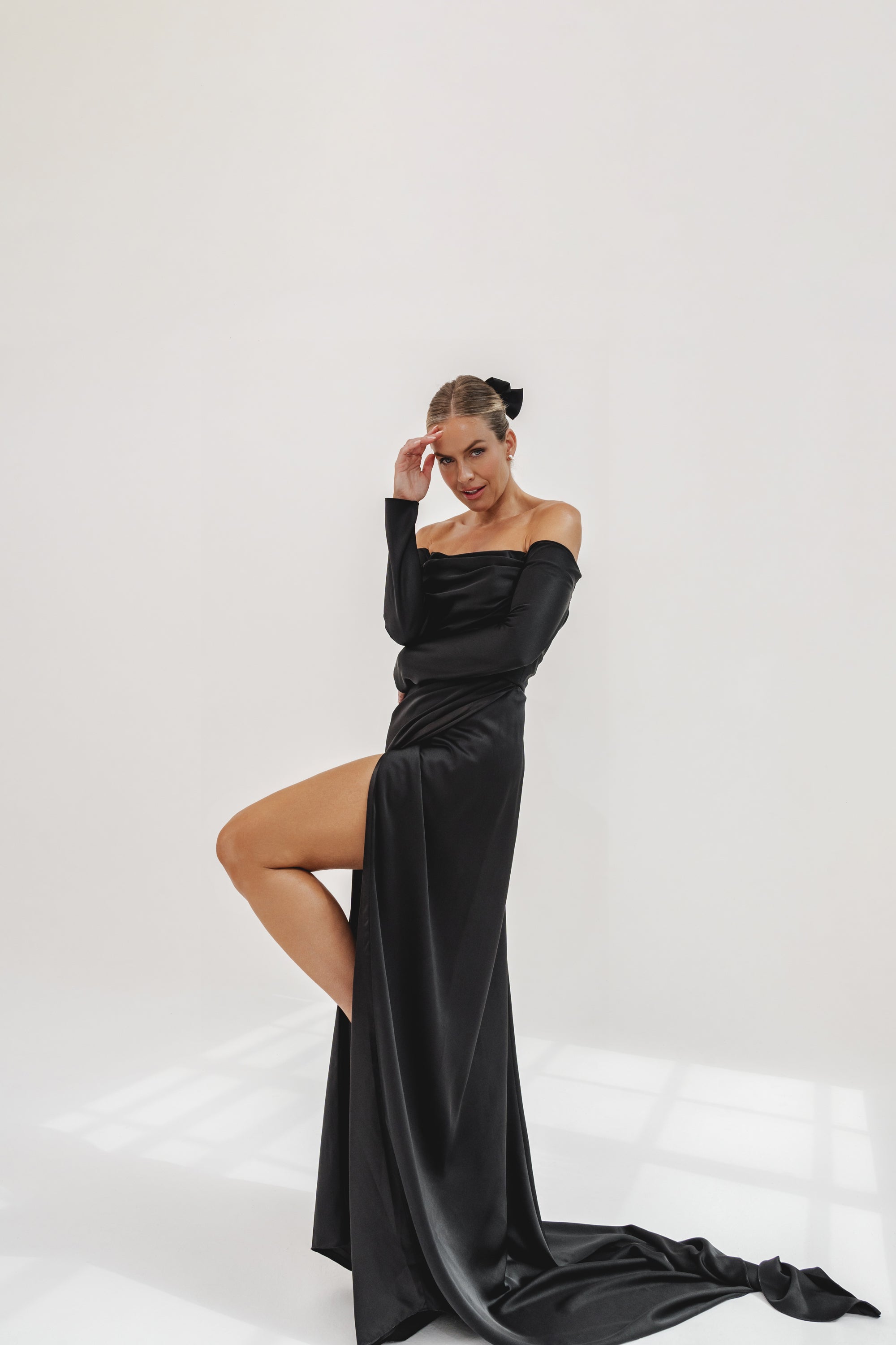 JETT IN BLACK |  BLACK SATIN DRESS WITH LONG SLEEVES - Love Story London