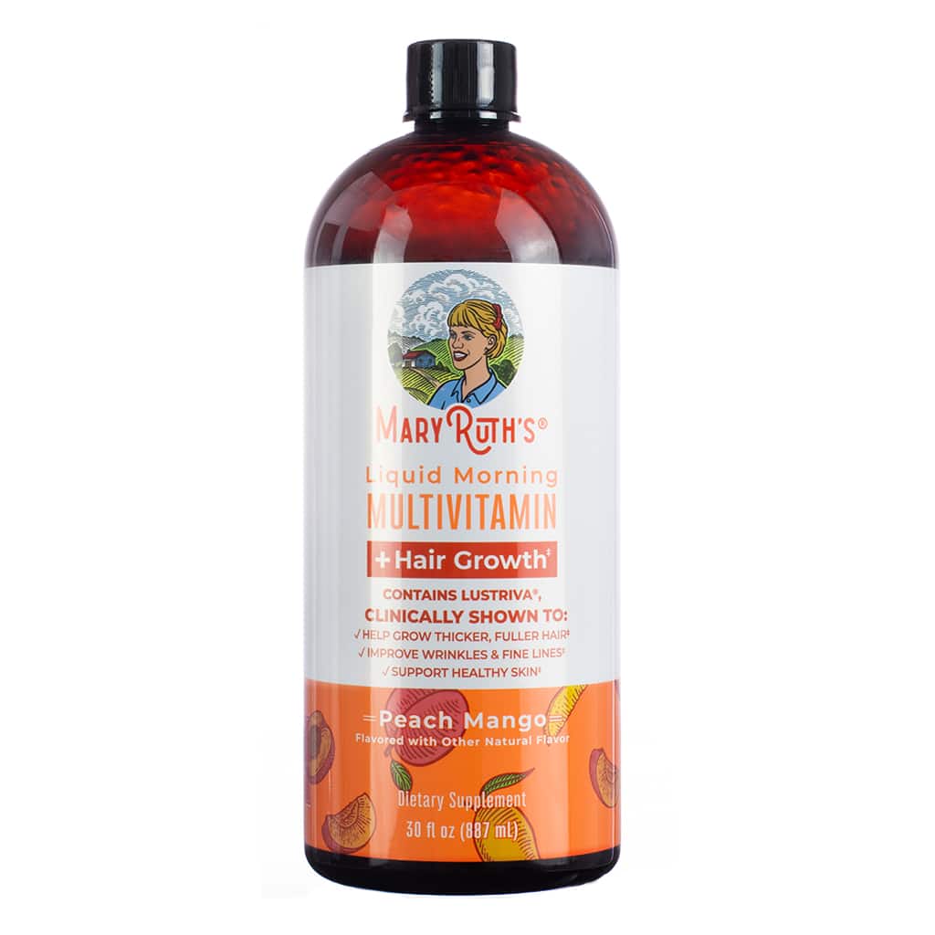 MaryRuth Liquid Morning Multivitamin + Hair Growth Peach Mango 30 fl oz amber bottle with white and orange label