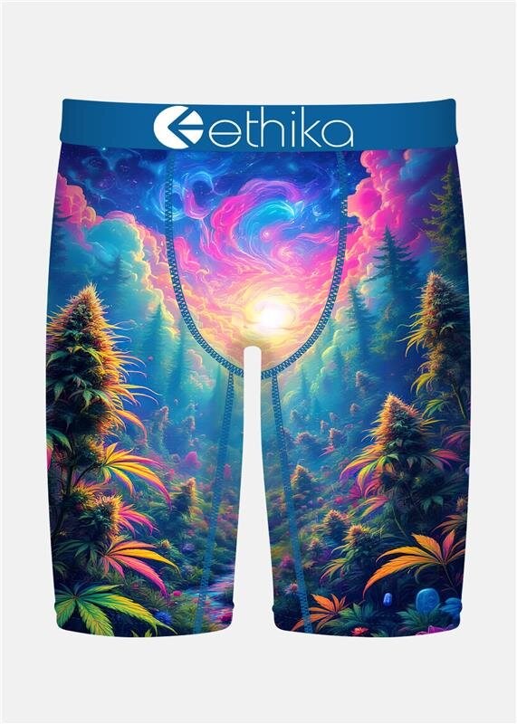 Colorful forest-themed boxer briefs with Ethika branding on a white background