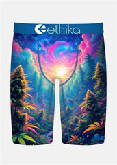 Colorful forest-themed boxer briefs with Ethika branding on a white background