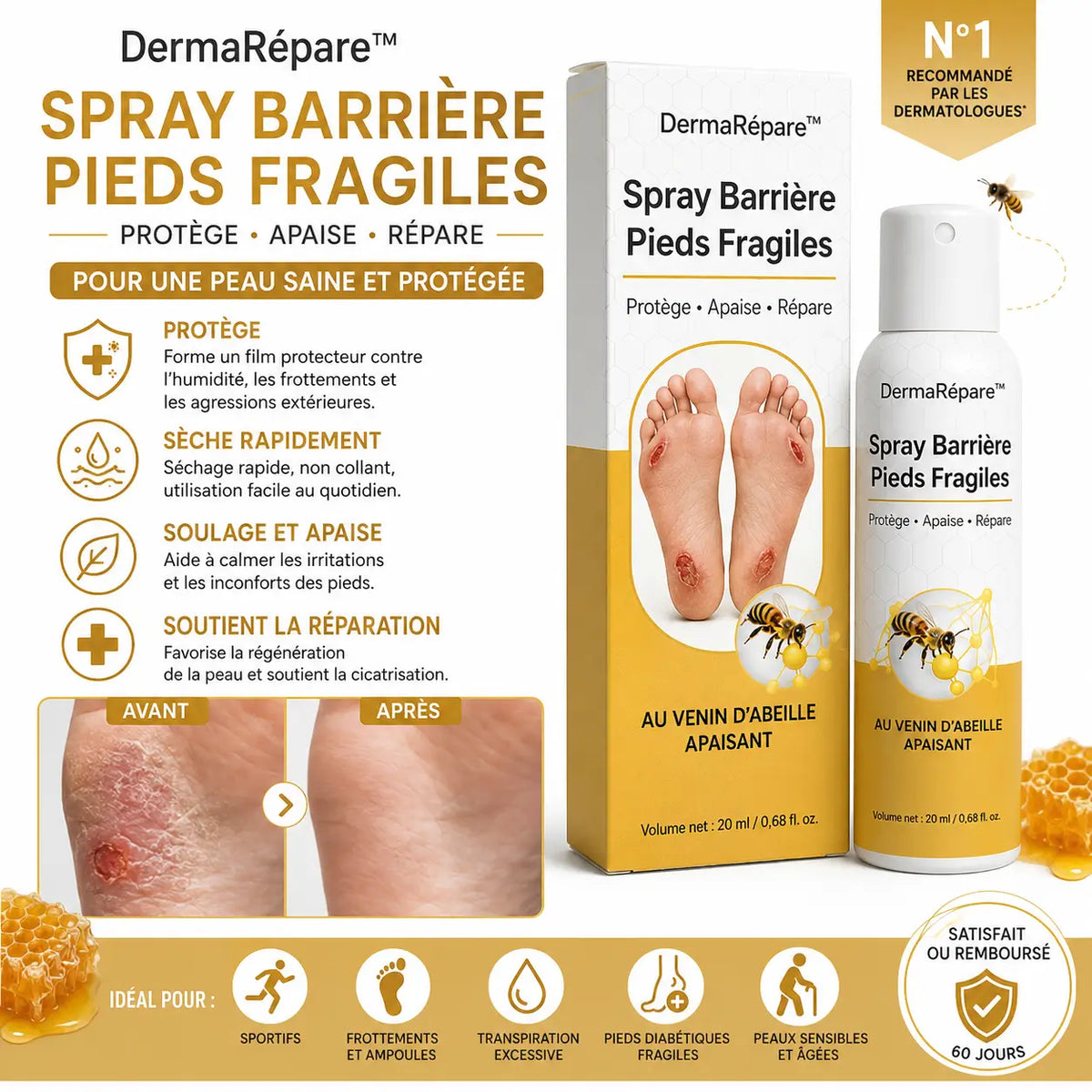 DermaRépare™ Spray Barrière Pieds Fragiles | Réparez la peau abîmée et protégez fissures, coupures et blessures 24h !