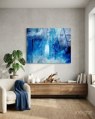 Indigo Wash Abstract Glass Wall Art in indigo and sapphire tones
