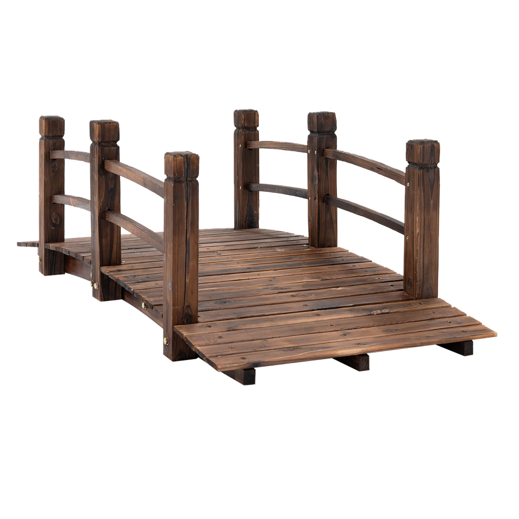Wooden Garden Bridge with Railings Arched Outdoor Pond Walkway - Stained Finish