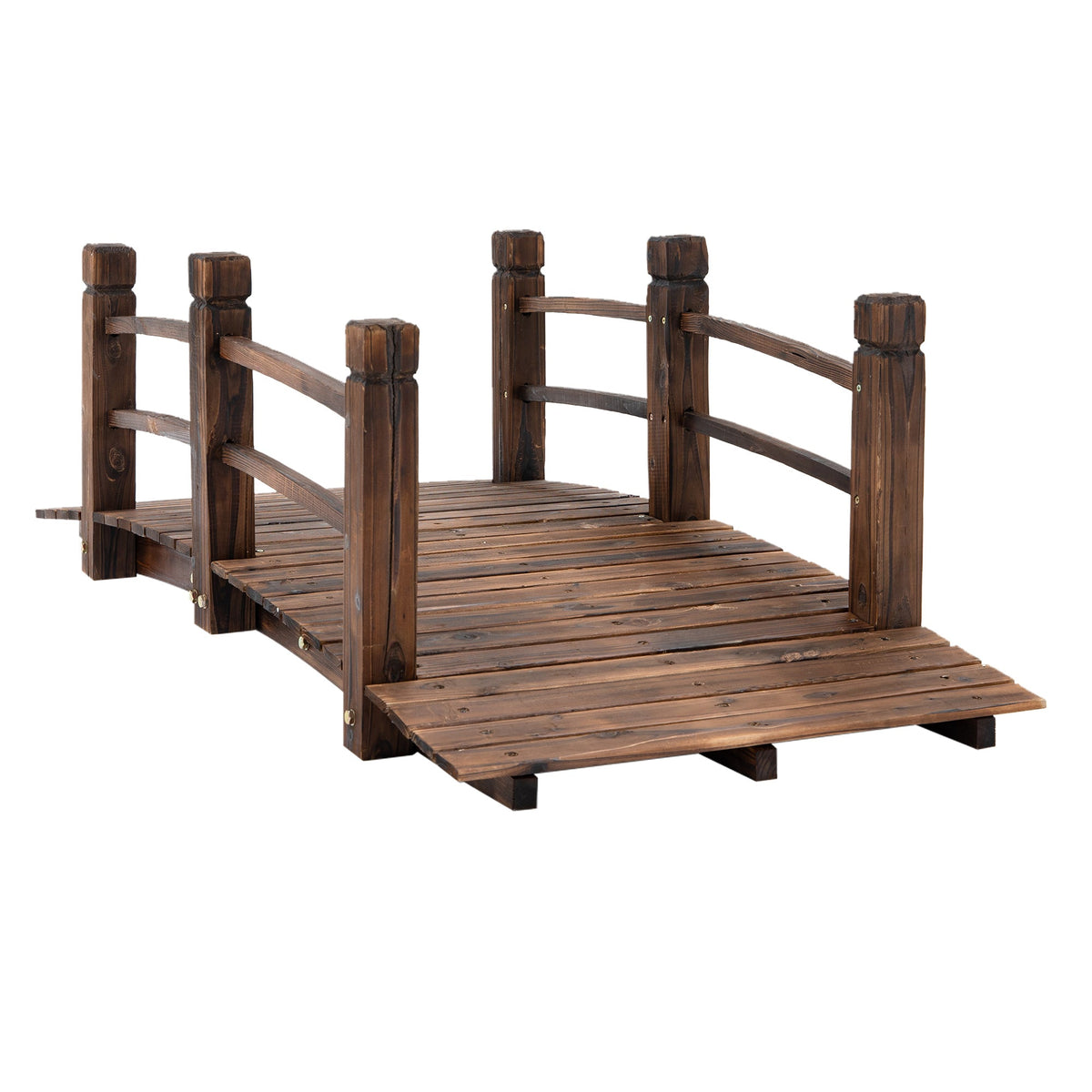 Wooden Garden Bridge with Railings Arched Outdoor Pond Walkway - Stained Finish