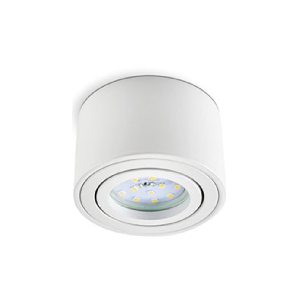 Witte ronde opbouwspot met LED-verlichting, vanuit een schuine onderaanzicht gefotografeerd tegen een witte achtergrond.