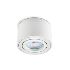 Witte ronde opbouwspot met LED-verlichting, vanuit een schuine onderaanzicht gefotografeerd tegen een witte achtergrond.