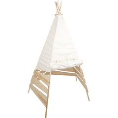 Outdoor Zelt Tipi für Kinder mit weißem Stoff und Holzrahmen fürs Kinderzimmer.