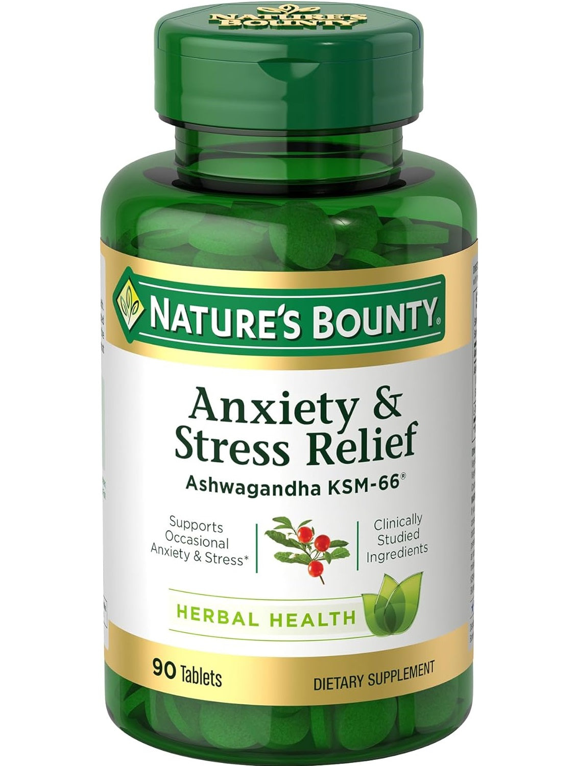 ASHWAGANDHA KSM-66 (Anxiety & Stress Relief) Anti estrés y promueve la relajación, Nature’s Bounty, 90 tabletas
