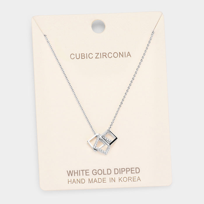 Madeline Love Clear, Rhodium White Gold Dipped Cubic Zirconia Square Pendant Necklace - Necklaces