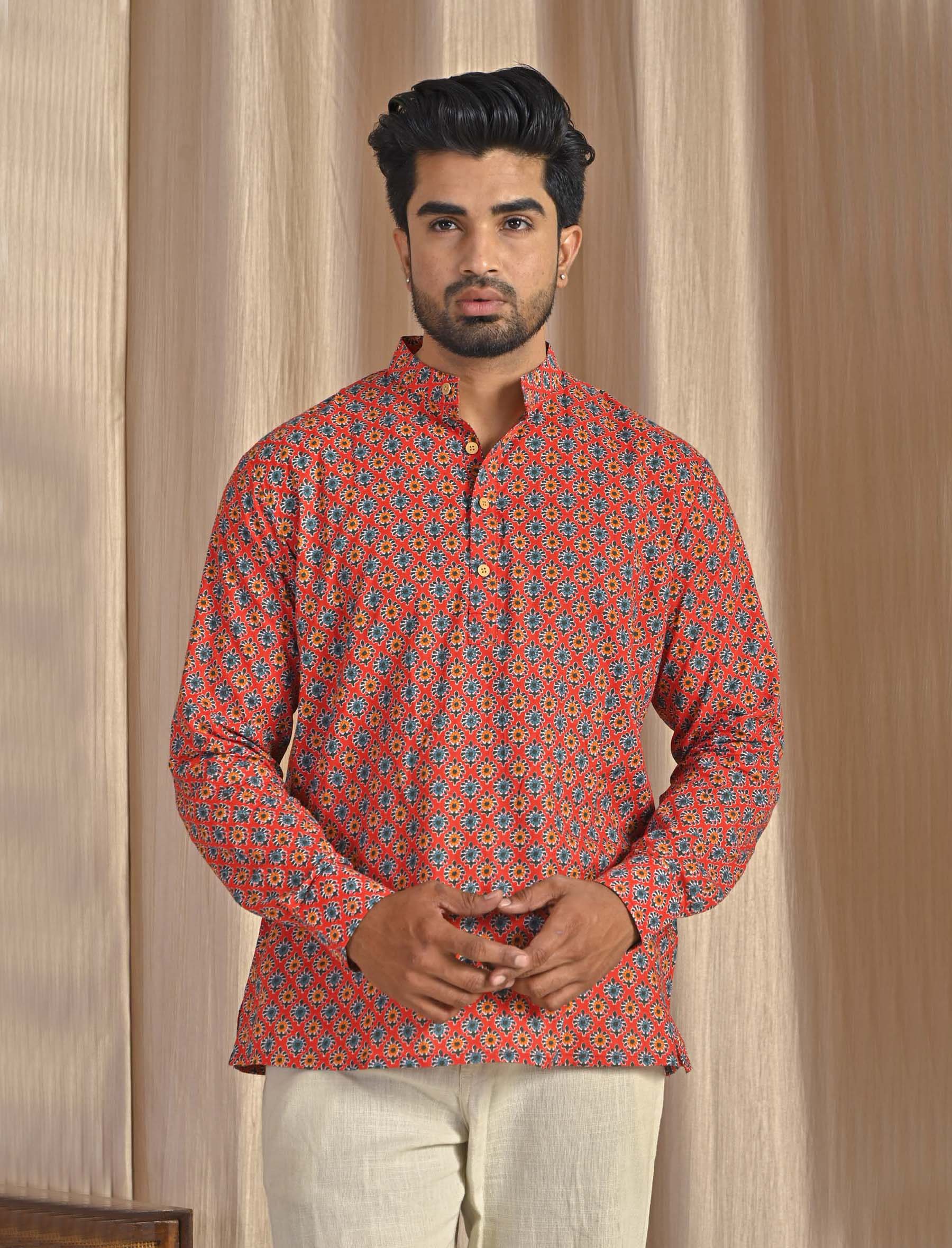 Cotton Printed Full Sleeves Short Kurta For Men