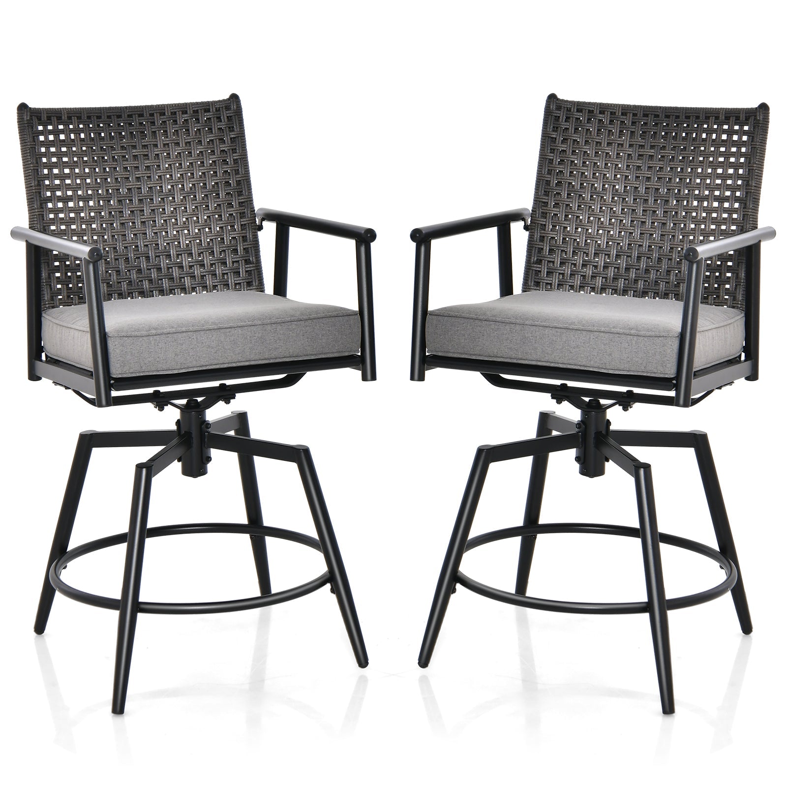 Set of 2 Patio Swivel Bar Stools - PE Rattan Back and Black Metal Frame - Ideal for Outdoor Entertaining and Relaxation