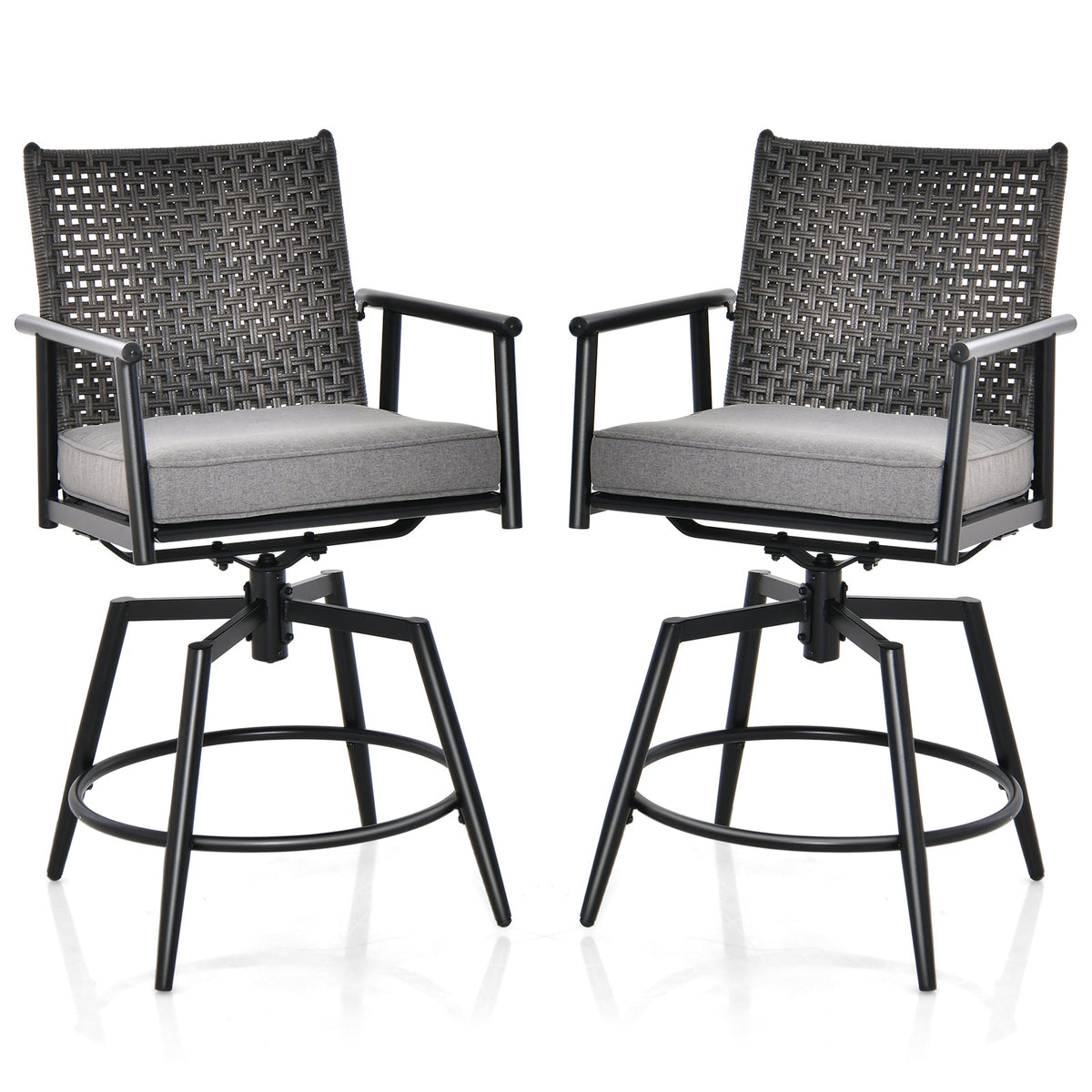 Set of 2 Patio Swivel Bar Stools - PE Rattan Back and Black Metal Frame - Ideal for Outdoor Entertaining and Relaxation