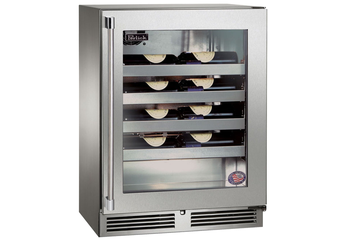 Perlick Signature Series 24" Shallow Depth Indoor Wine Reserve with Stainless Steel Solid Door Hinge Right with Lock