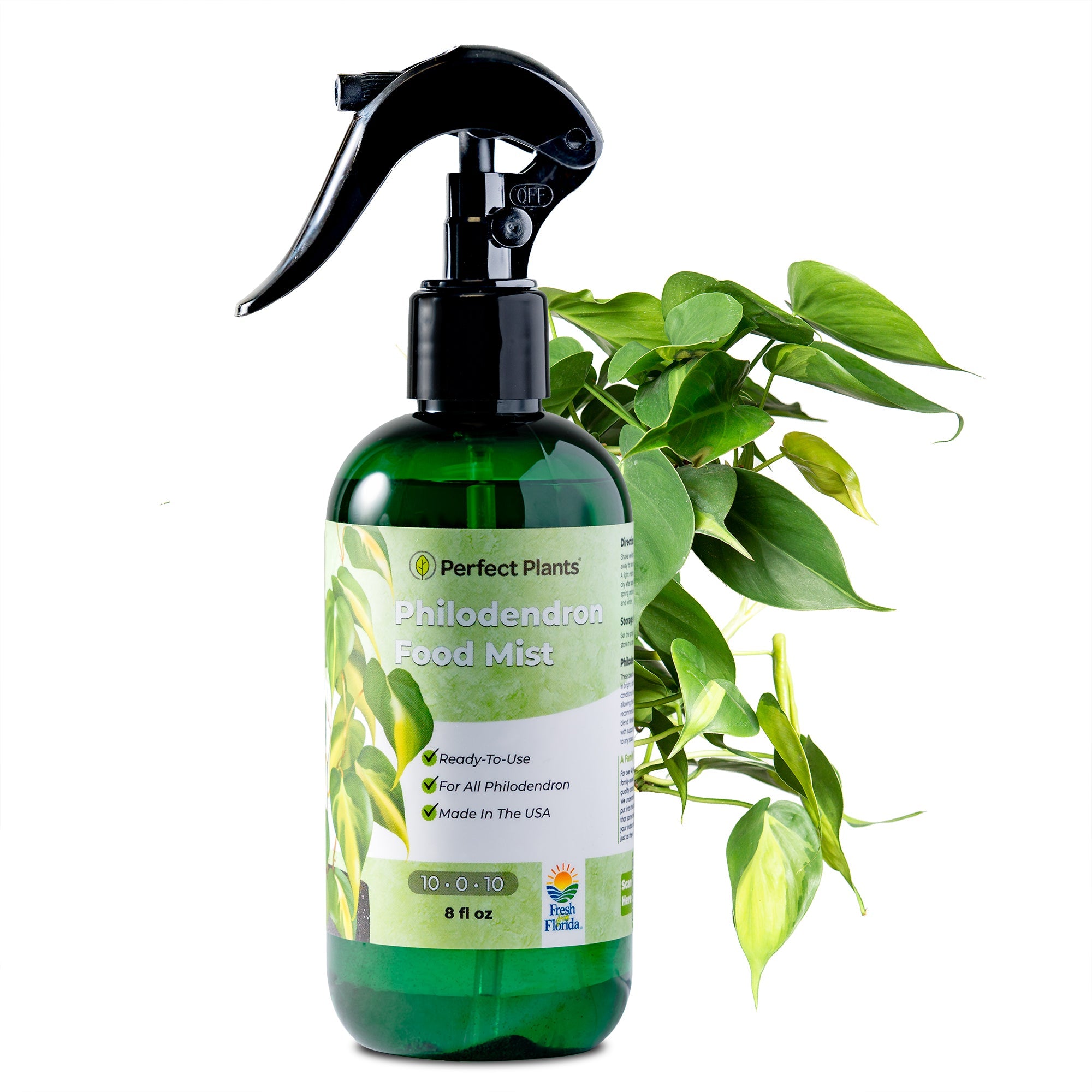 Spray bottle of Philodendron Food Mist on a white background