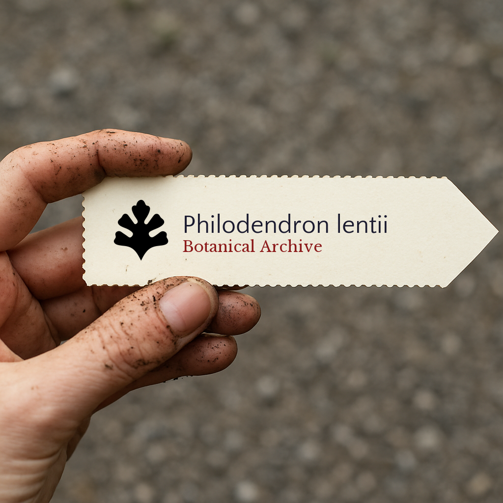 Printed plant label for Philodendron lentii with botanical archive logo held by dirty hand