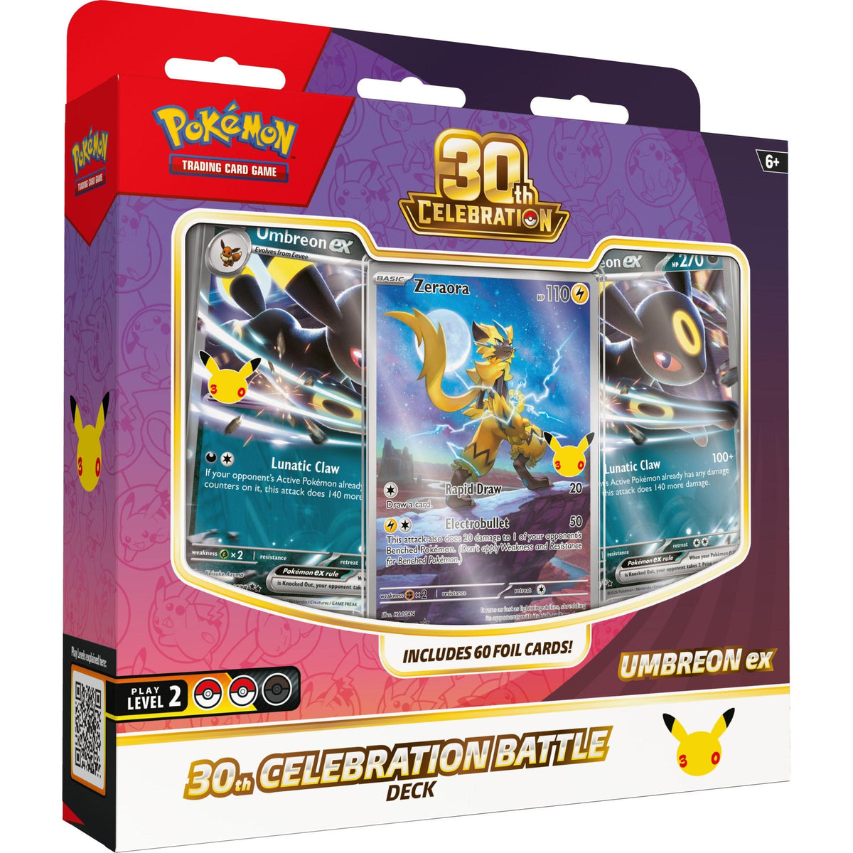 Caja de mazo Pokémon 30th Celebration con cartas holográficas de Umbreon ex y Zeraora en empaque rojo y morado.