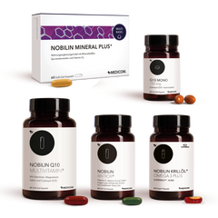 Nobilin Premium Selection Silber: Die sinnvoll dosierte Produktkombination von Medicom mit Nobilin Q10 Multivitamin®, Q10 Mono 100 mg, Nobilin Mineral Plus®, Nobilin Antiox® und Nobilin Krillöl® Omega 3 Plus