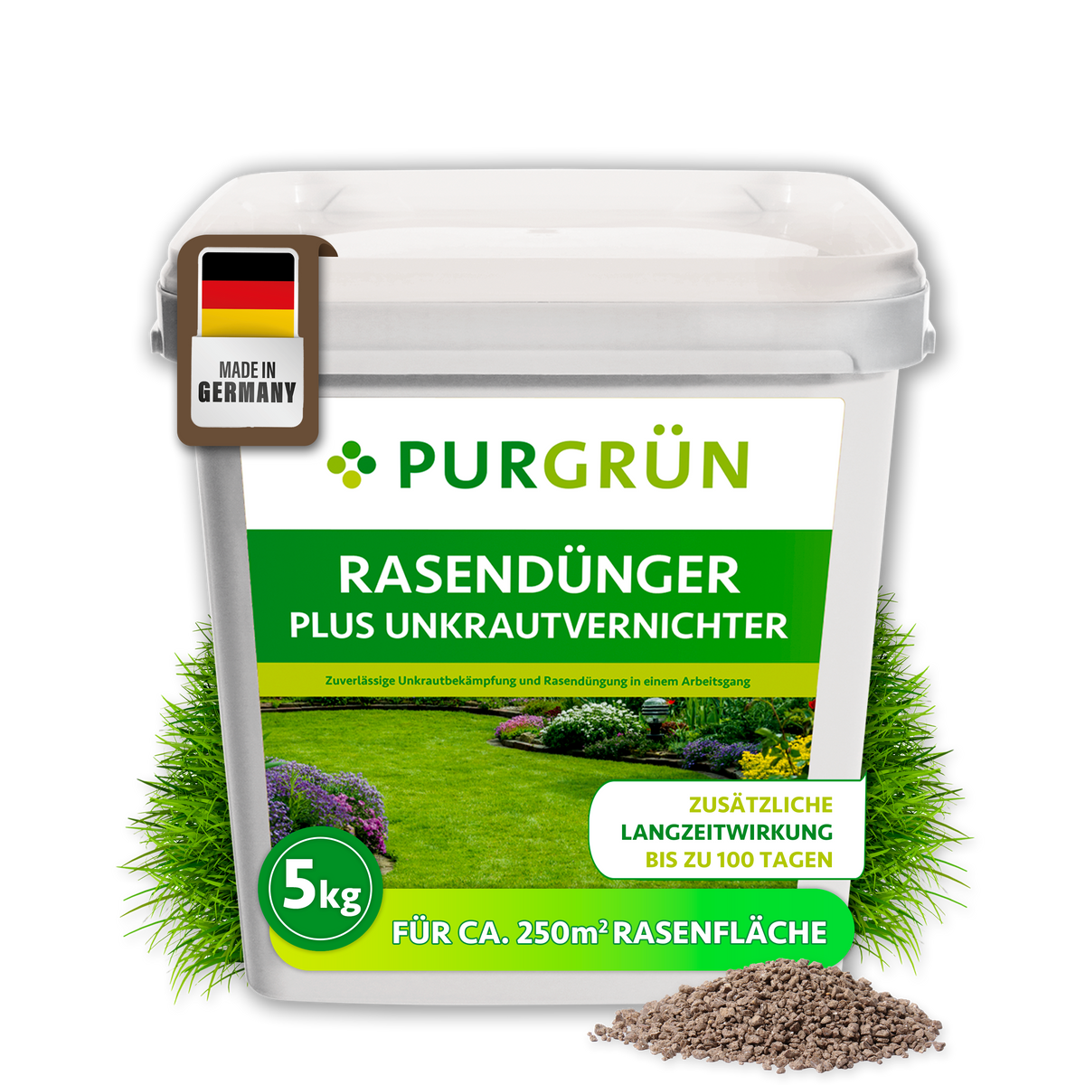 Purgrün Rasendünger mit Unkrautvernichter im 5-kg-Eimer, mit feinem Granulat und Langzeitwirkung bis zu 100 Tagen.