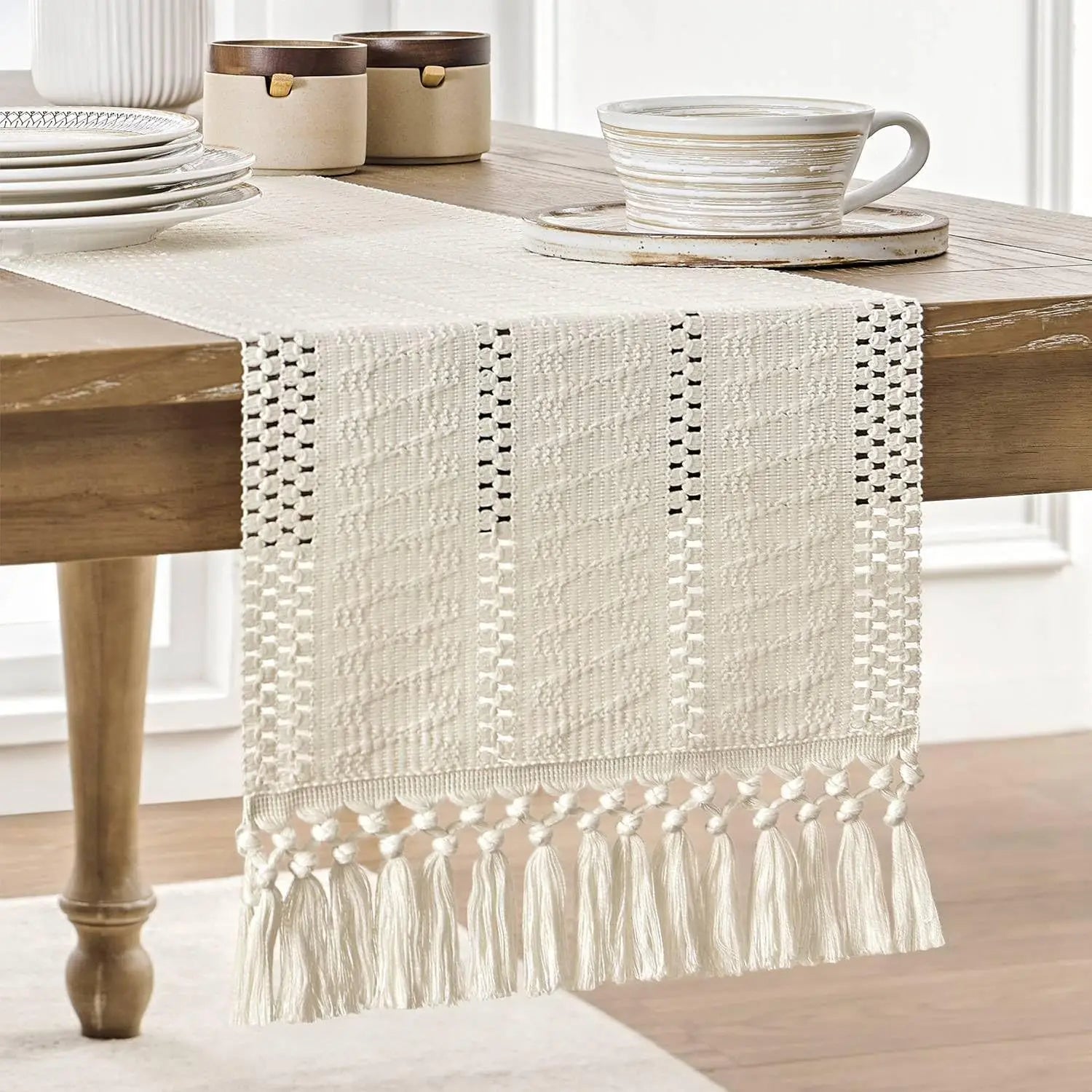 Boho ivory macramé table runner with fringes, woven