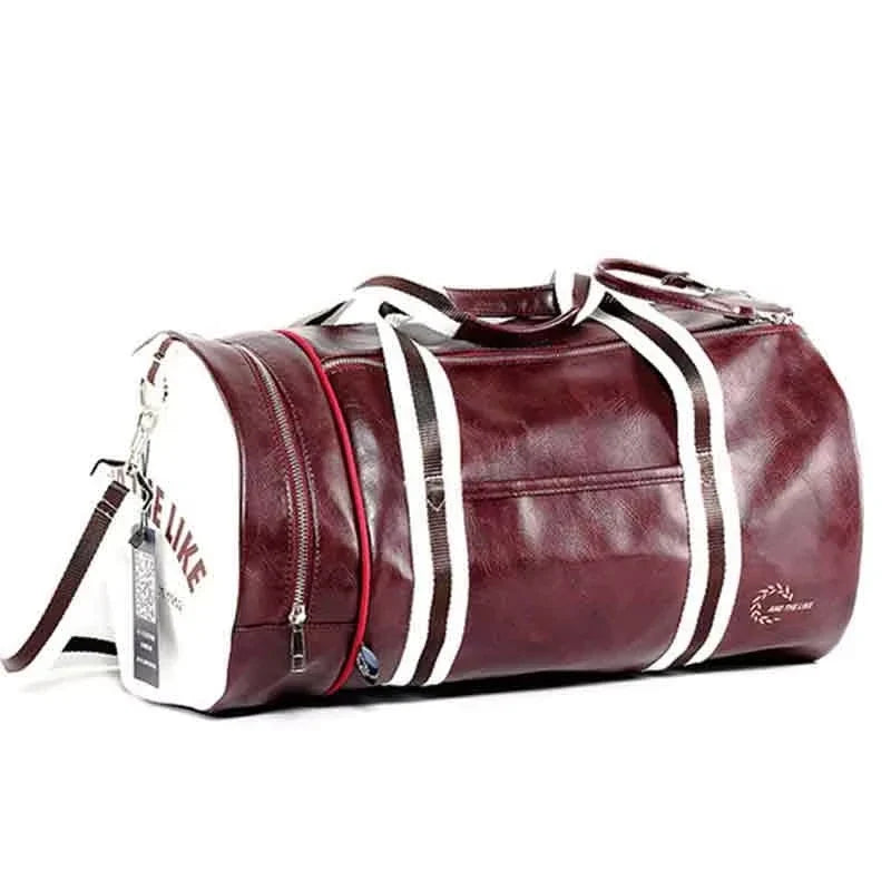 Full-Grain Leather Cylindrical Gym Bag With Top Zipper And Detachable Strap — Burgundy | KIMLUD