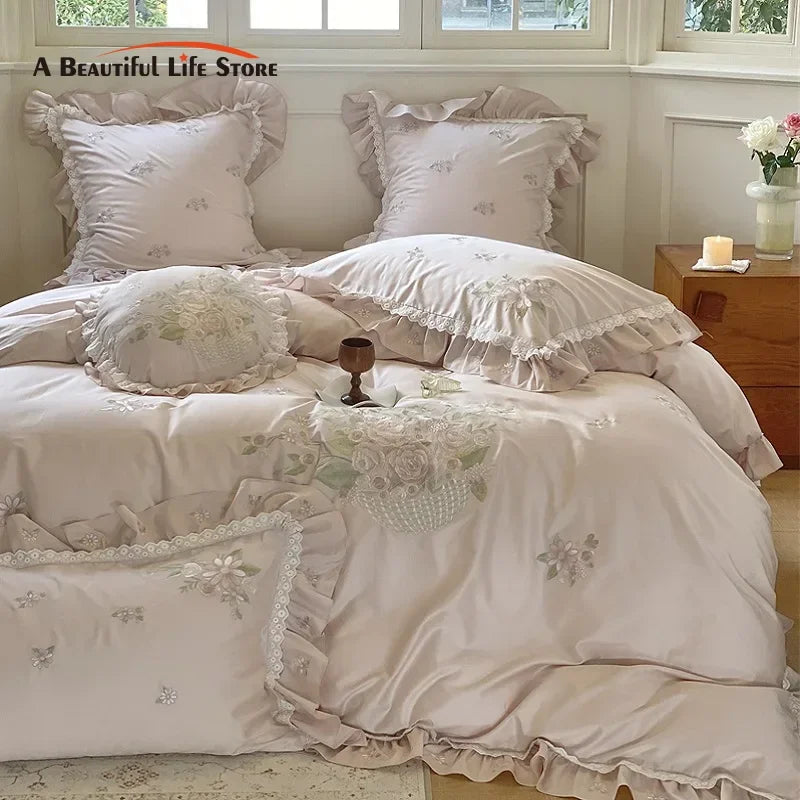 Afralia™ Vintage Rose Flowers Embroidery 1000TC Egyptian Cotton 4/7Pcs Bedding Set