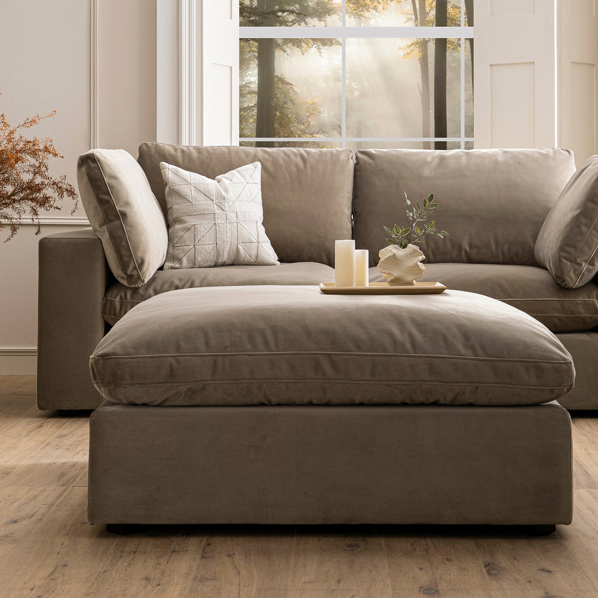 Lutyens Taupe Velvet Modular Sofa, Stool - daals