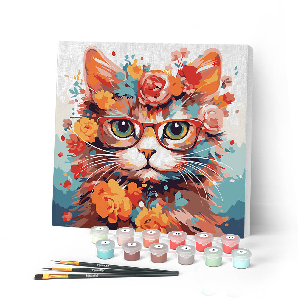Mini Malen nach Zahlen mit Rahmen - Fantasie-Katze und Blumen