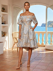 Jacquard A-Line/Princess Off Shoulder Midi-Length Cocktail Dresses with Ruched Waist & Pockets