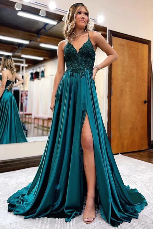 Satin A-line V-neck Spaghetti Straps Prom Dresses With Slit, Party Dress, MP918 | dark green prom dress | lace prom dress | prom dresses long | musebridals.com