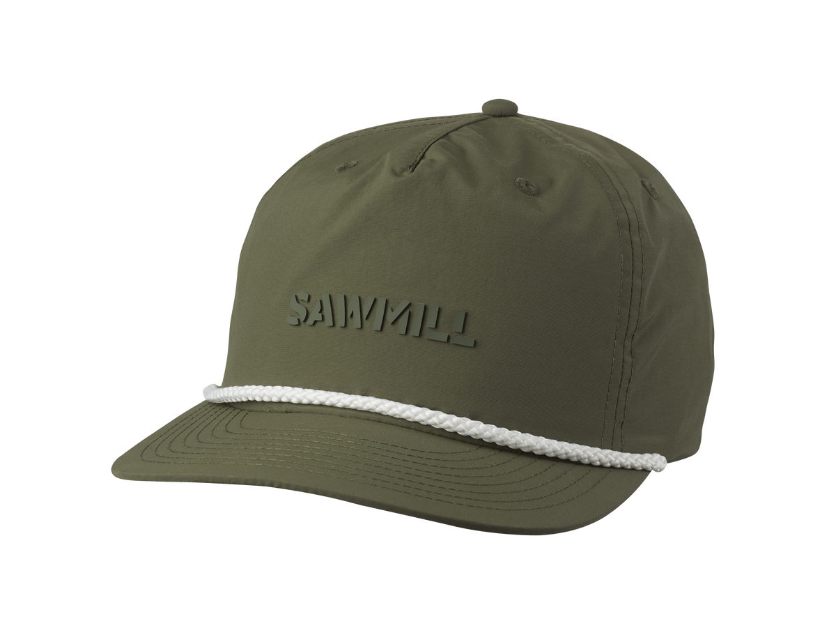 Green cap with white brim and 'Sawmill' branding on a white background